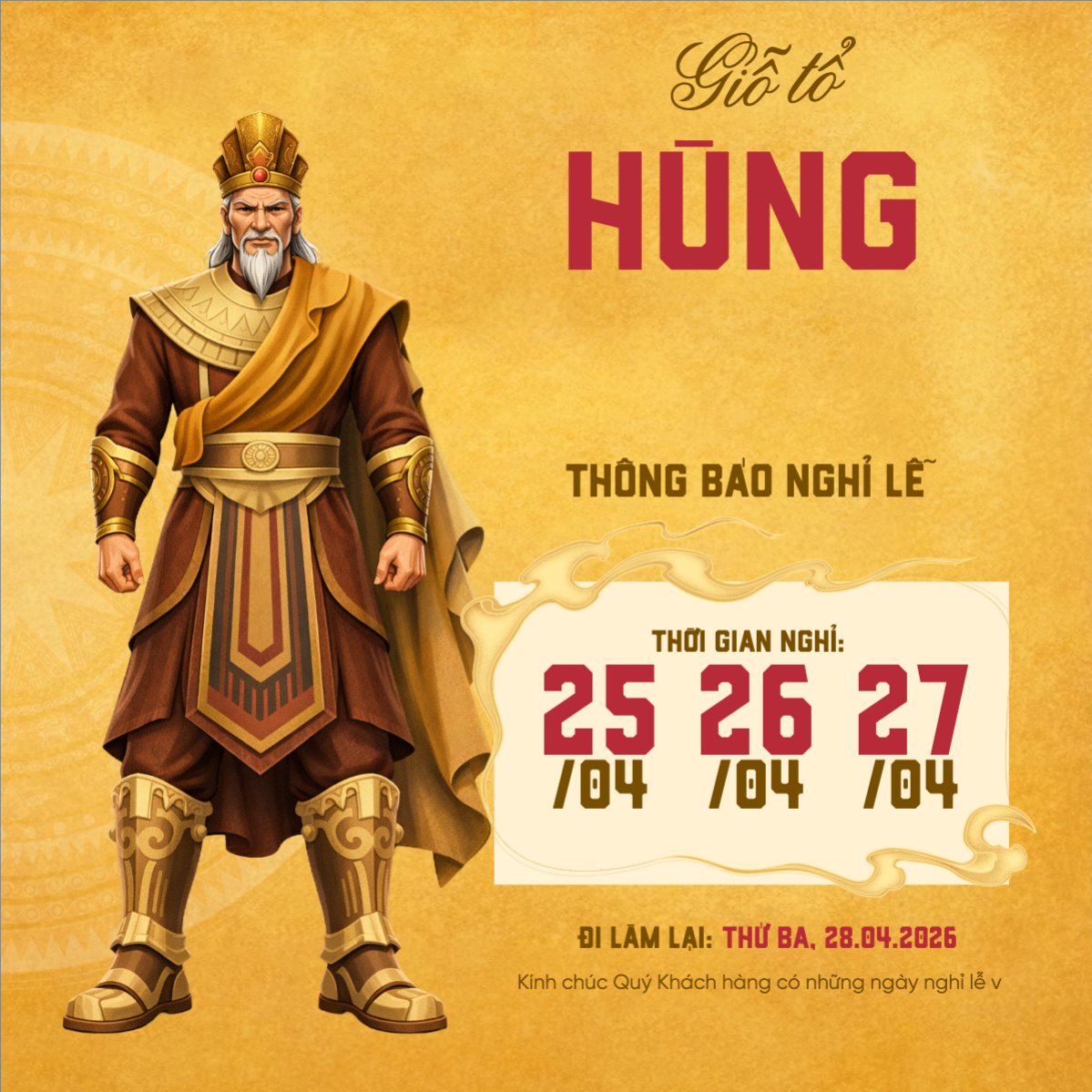 Thông báo nghỉ lễ Giỗ tổ Hùng Vương 2026