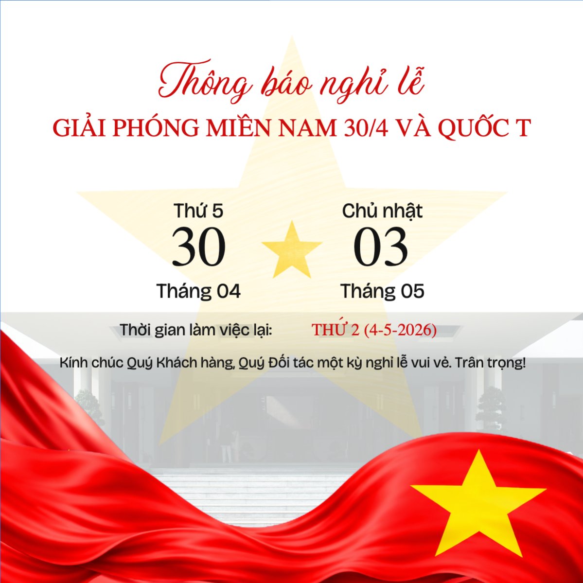 Thông báo nghỉ lễ Giải phóng miền Nam 30/4 và Quốc tế Lao động 1/5