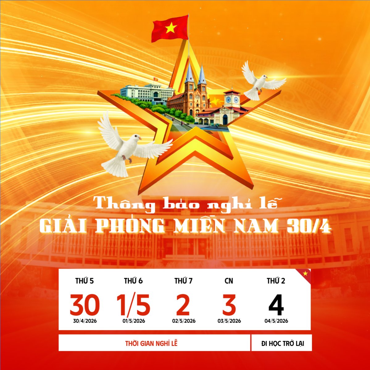 Thông báo nghỉ lễ Giải phóng miền Nam 30/4 và Quốc tế Lao động 1/5