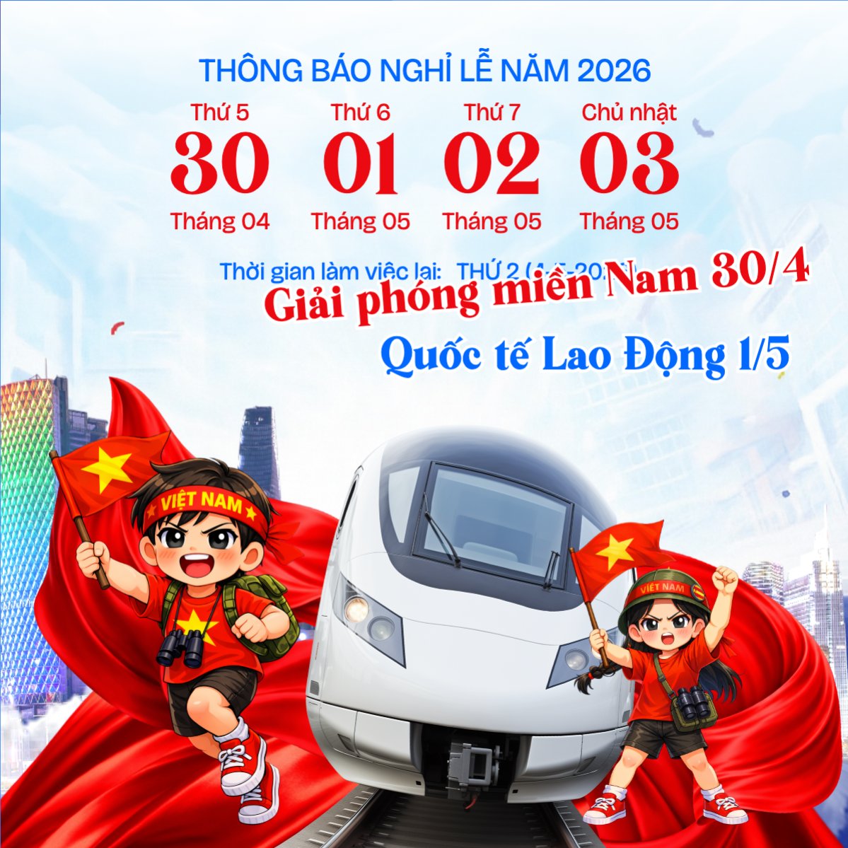 Thông báo nghỉ lễ Giải phóng miền Nam 30/4 và Quốc tế Lao động 1/5