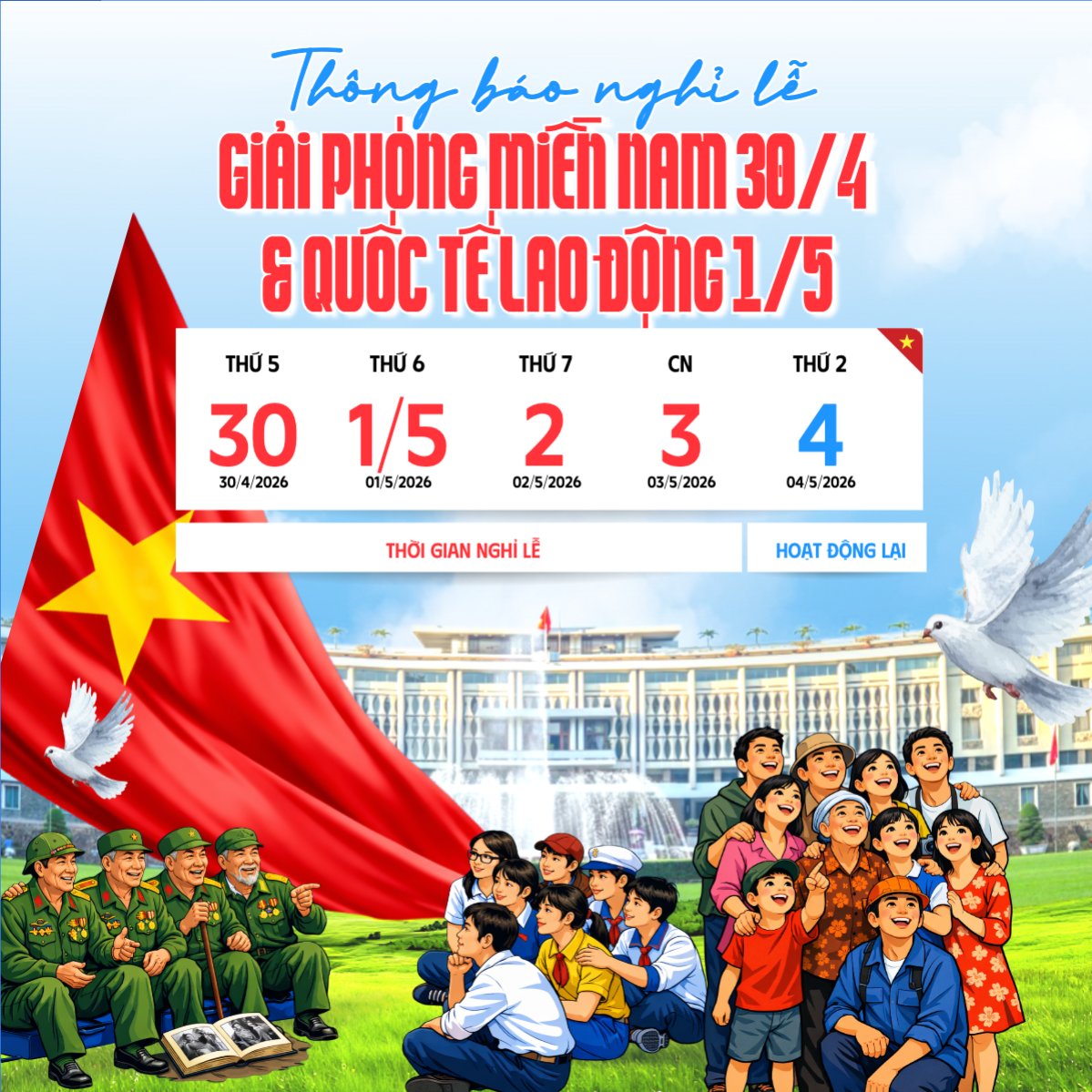 Thông báo nghỉ lễ Giải phóng miền Nam 30/4 và Quốc tế Lao động 1/5