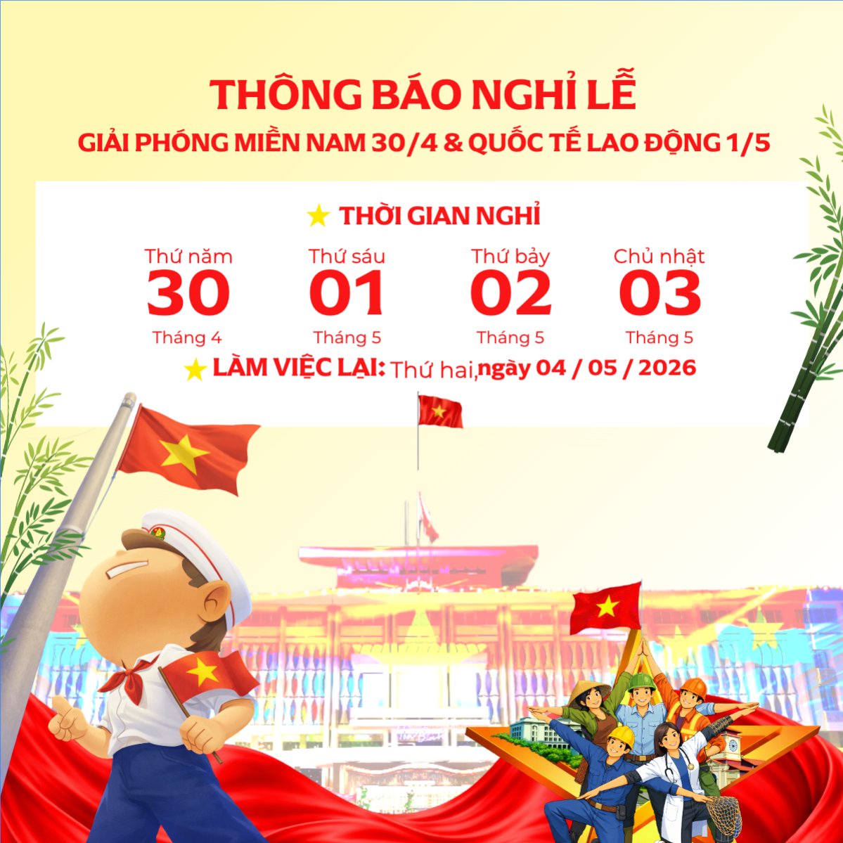 Thông báo nghỉ lễ Giải phóng miền Nam 30/4 và Quốc tế Lao động 1/5