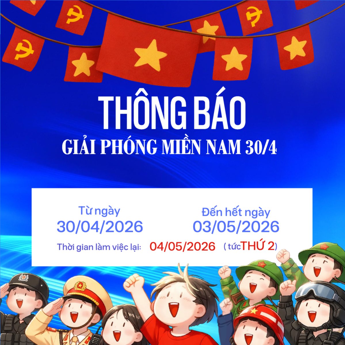 Thông báo nghỉ lễ Giải phóng miền Nam 30/4 và Quốc tế Lao động 1/5