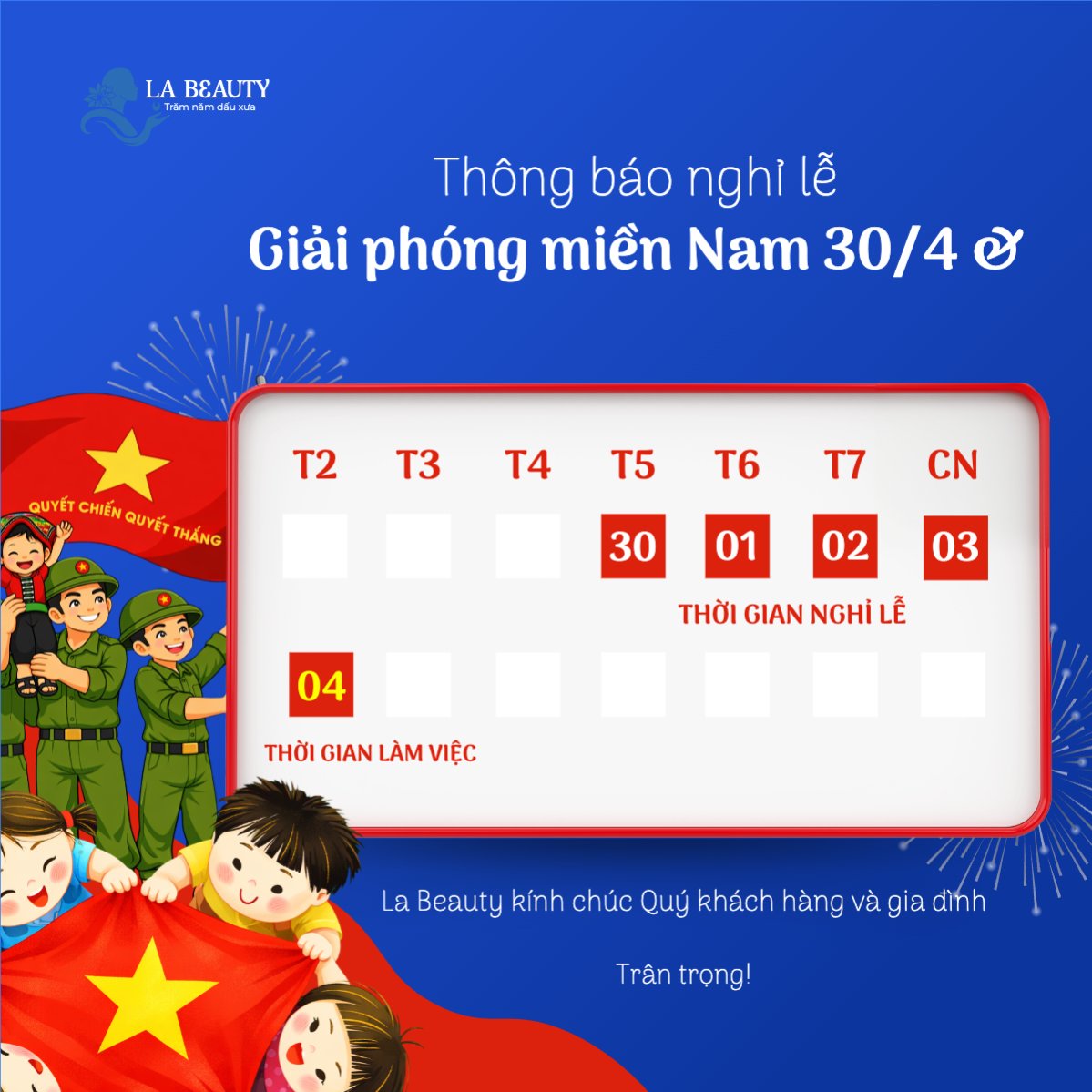 Thông báo nghỉ lễ Giải phóng miền Nam 30/4 và Quốc tế Lao động 1/5