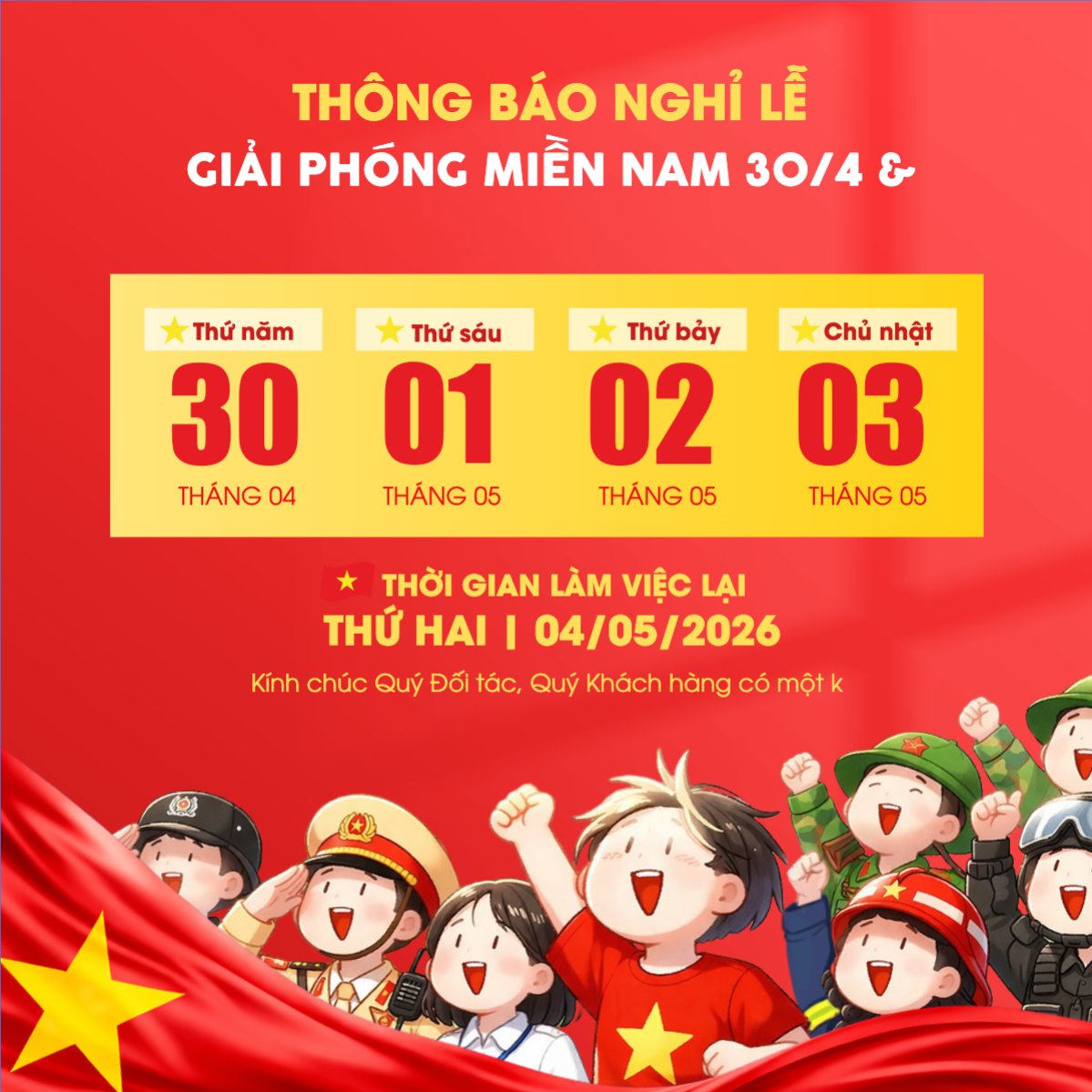 Thông báo nghỉ lễ Giải phóng miền Nam 30/4 và Quốc tế Lao động 1/5