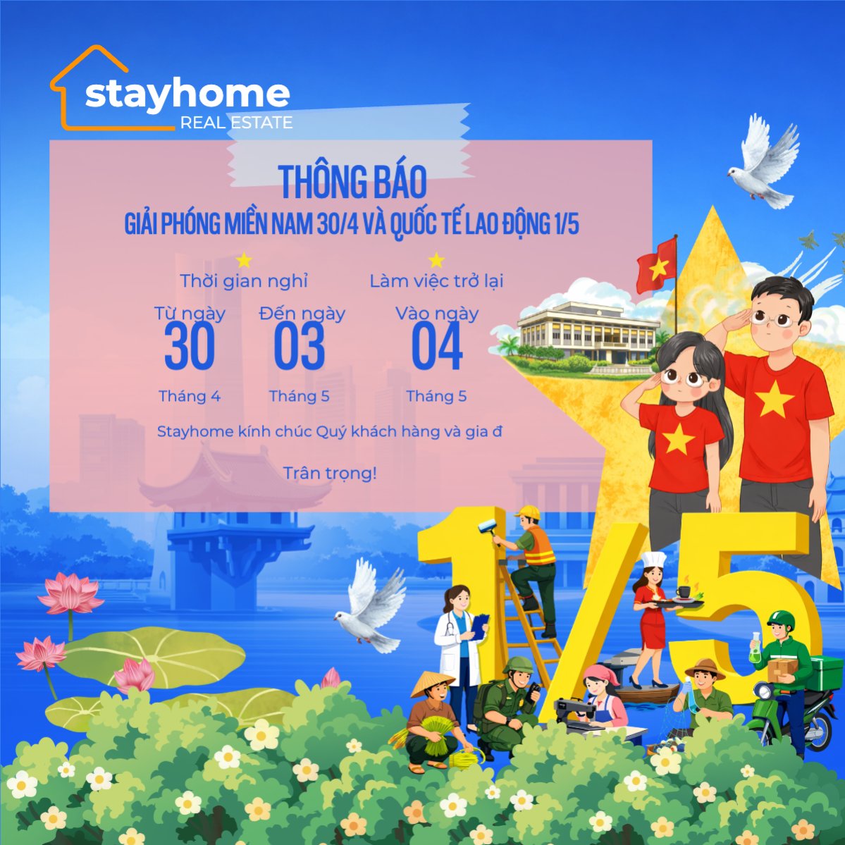 Thông báo nghỉ lễ Giải phóng miền Nam 30/4 và Quốc tế Lao động 1/5