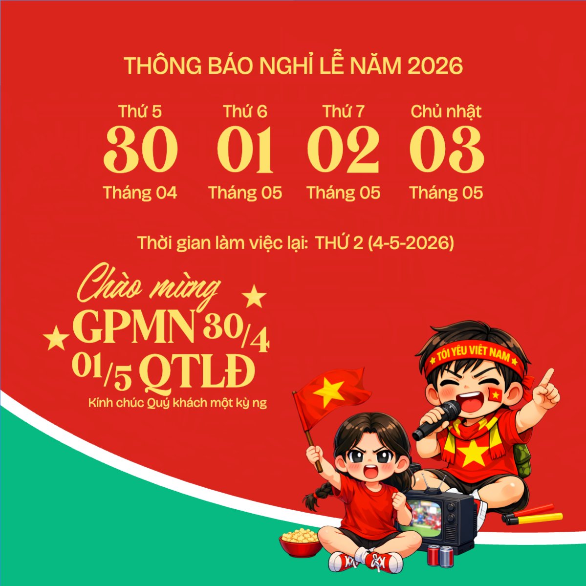 Thông báo nghỉ lễ Giải phóng miền Nam 30/4 và Quốc tế Lao động 1/5