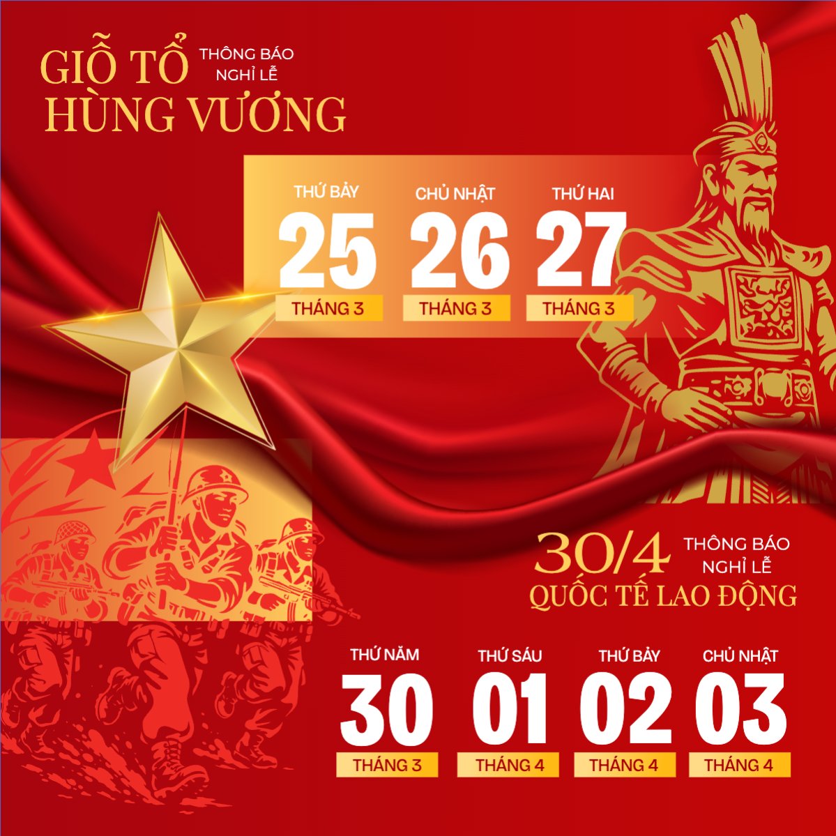 Lịch nghỉ lễ Giỗ Tổ và 30/4-1/5