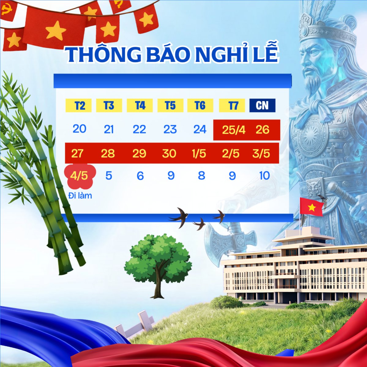Lịch nghỉ lễ Giỗ Tổ và 30/4-1/5