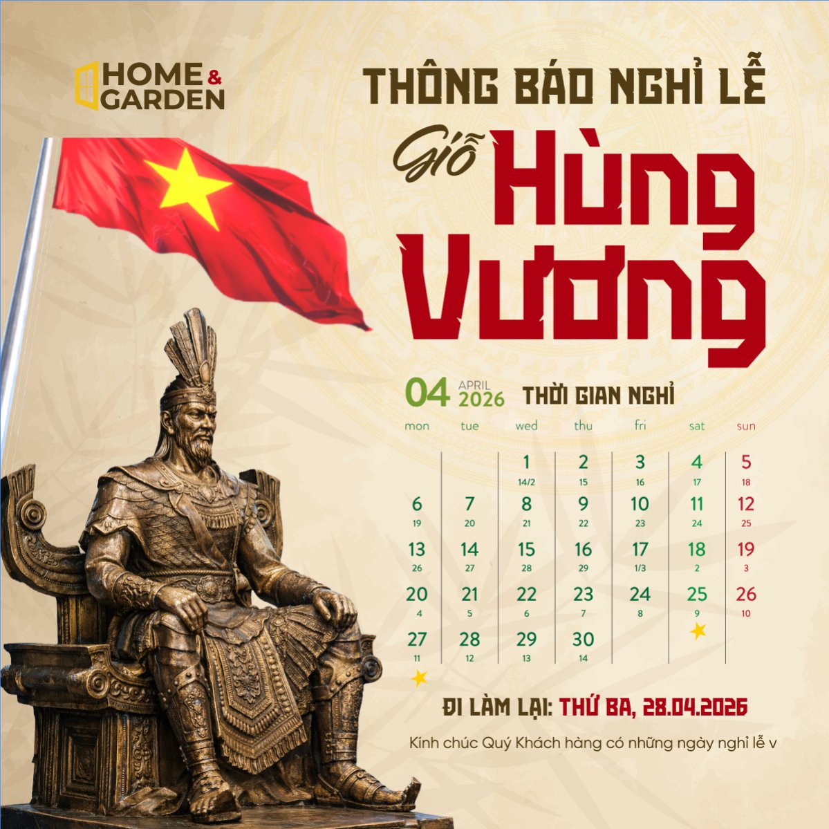 Lịch nghỉ lễ Giỗ tổ Hùng Vương 2026