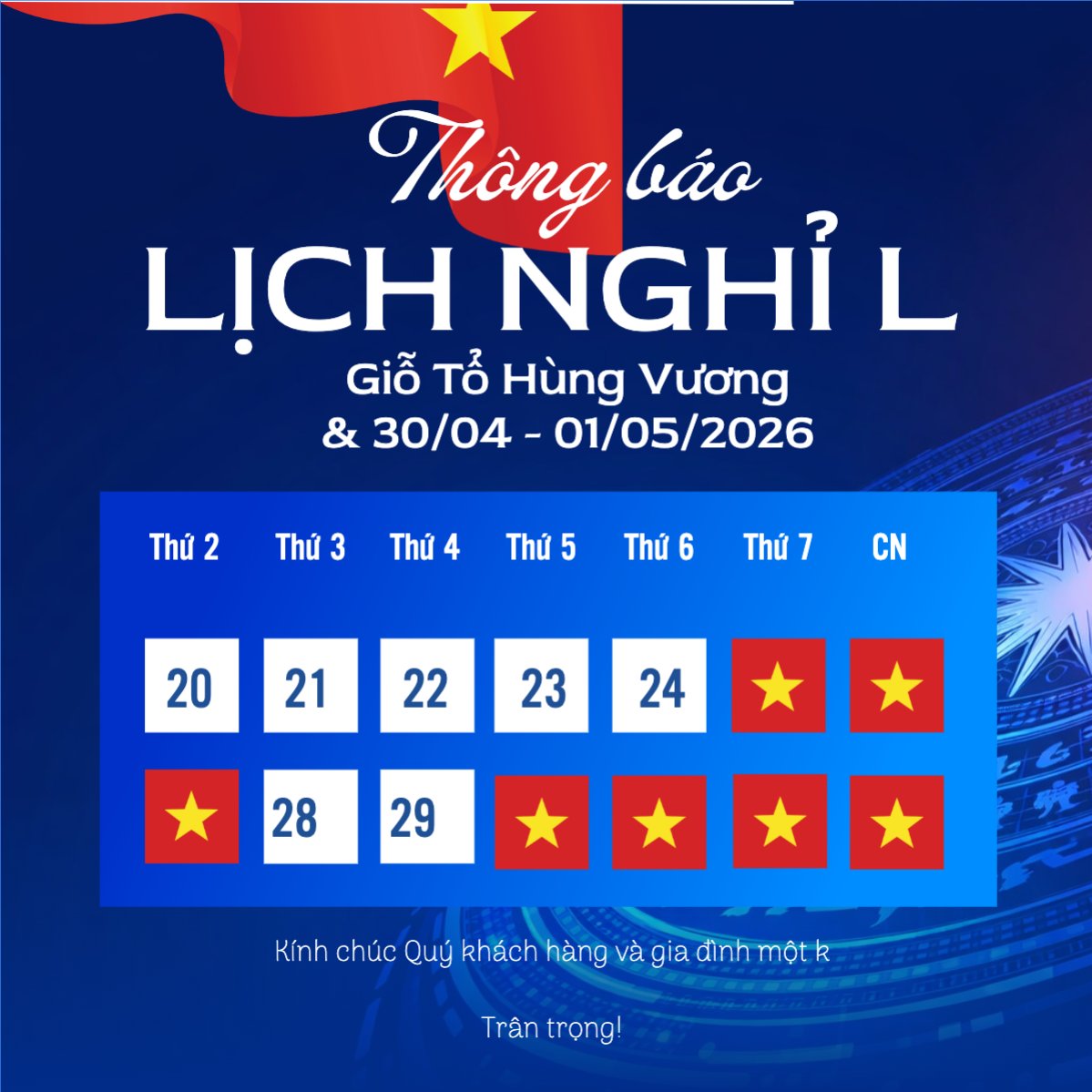 Lịch nghỉ lễ Giỗ Tổ và 30/4-1/5