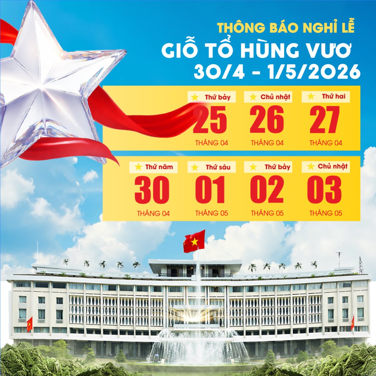 Thông báo nghỉ lễ Giỗ Tổ và 30/4-1/5
