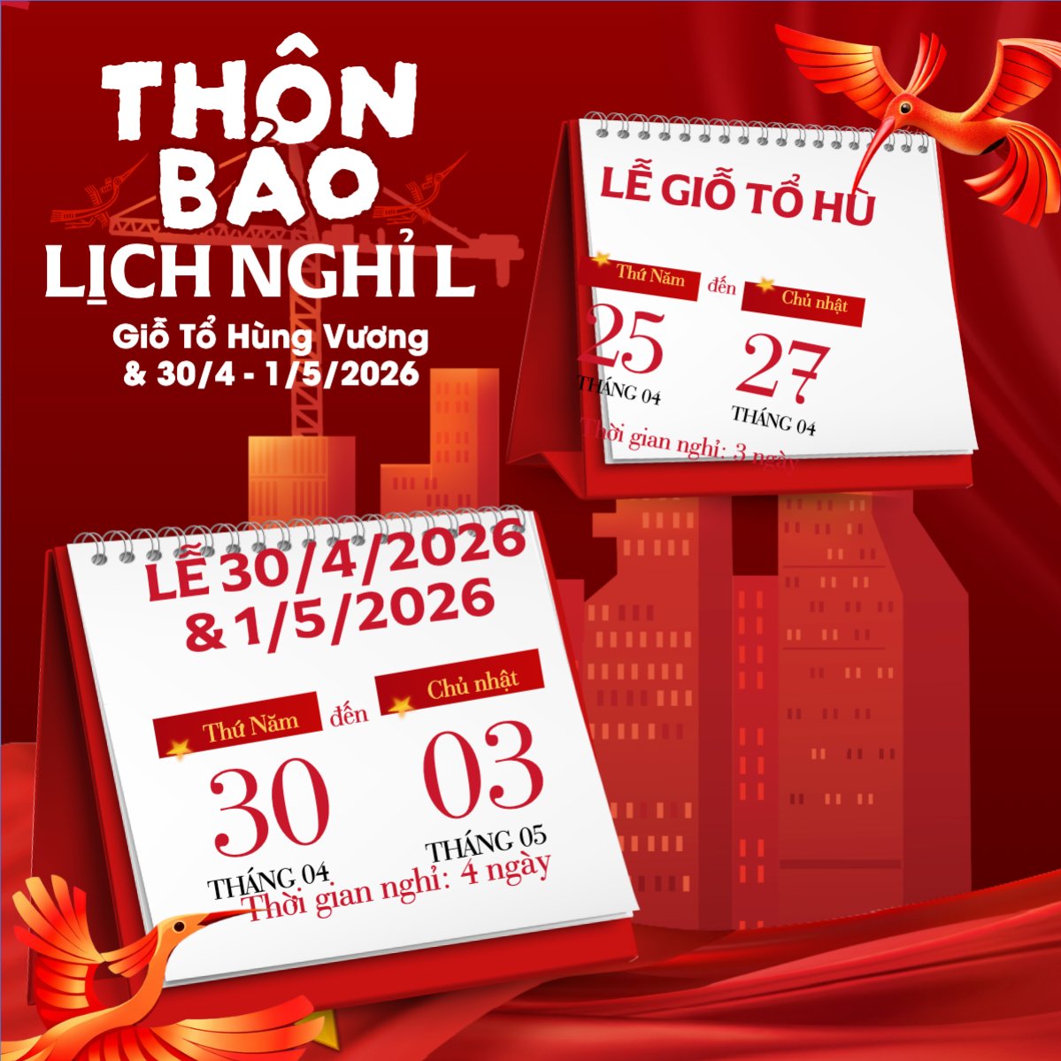 Thông báo nghỉ lễ Giỗ Tổ và 30/4-1/5