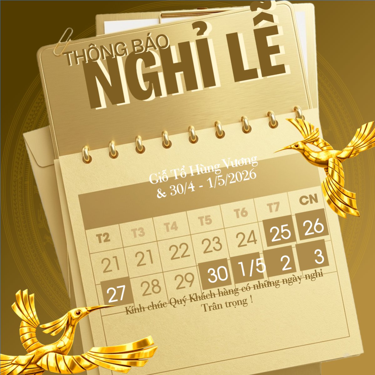 Thông báo nghỉ lễ Giỗ Tổ và 30/4-1/5