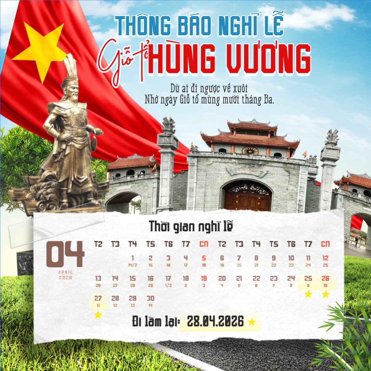 Thông báo nghỉ lễ Giỗ tổ Hùng Vương 2026