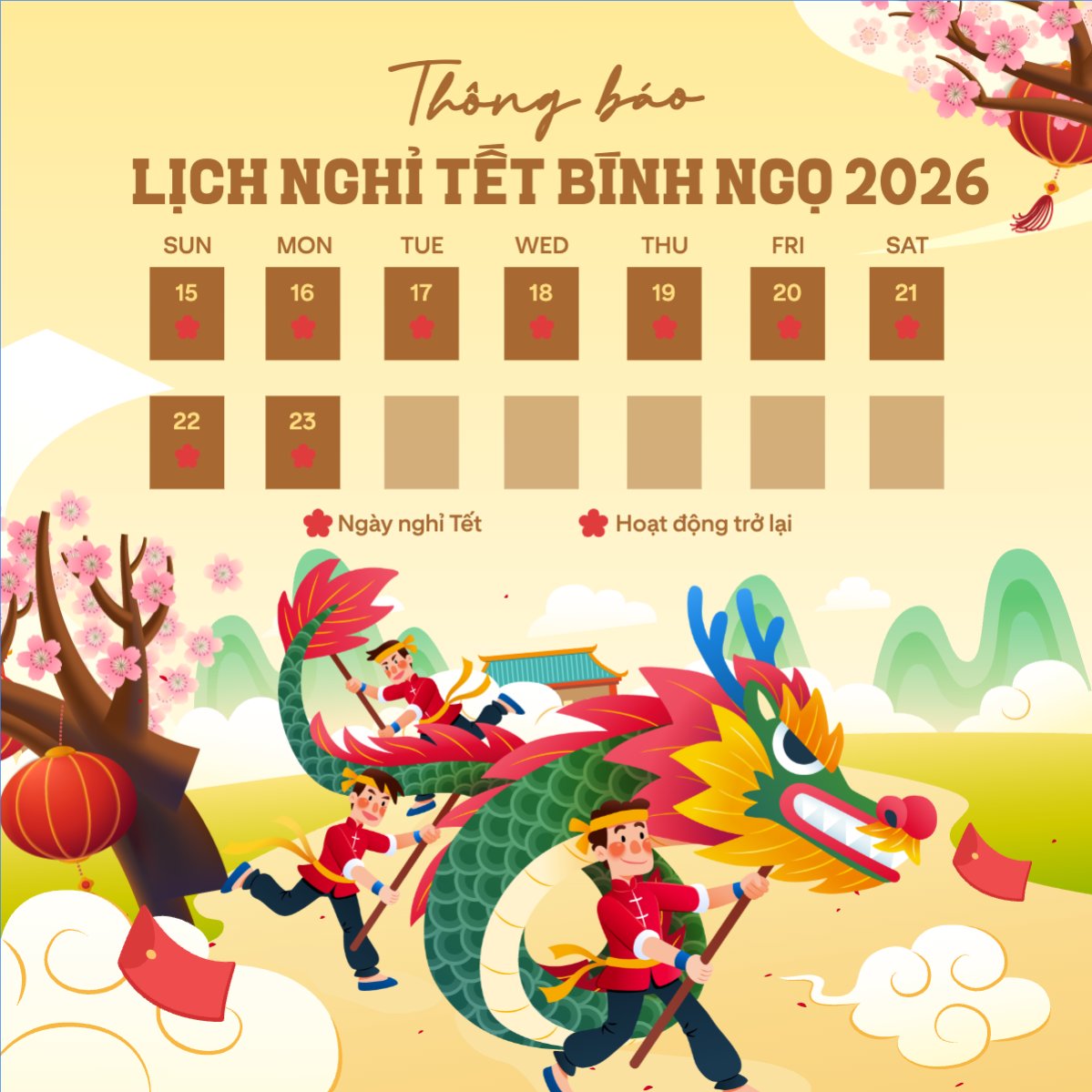 Thông báo lịch nghỉ tết nguyên đán Bính Ngọ 2026