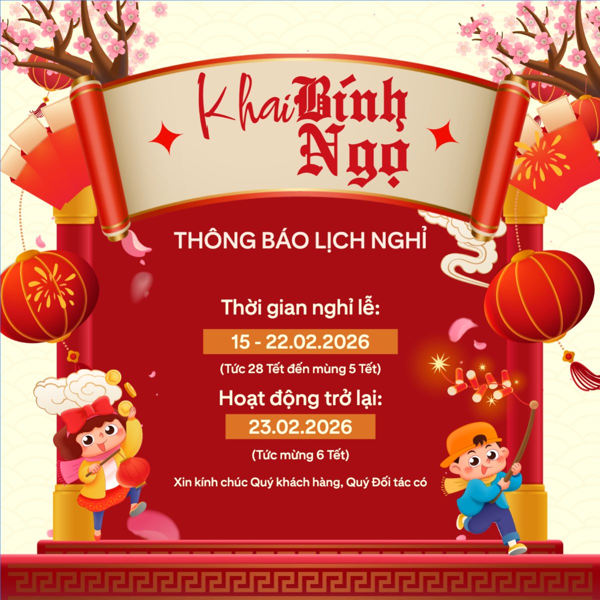 Thông báo lịch nghỉ tết nguyên đán Bính Ngọ 2026
