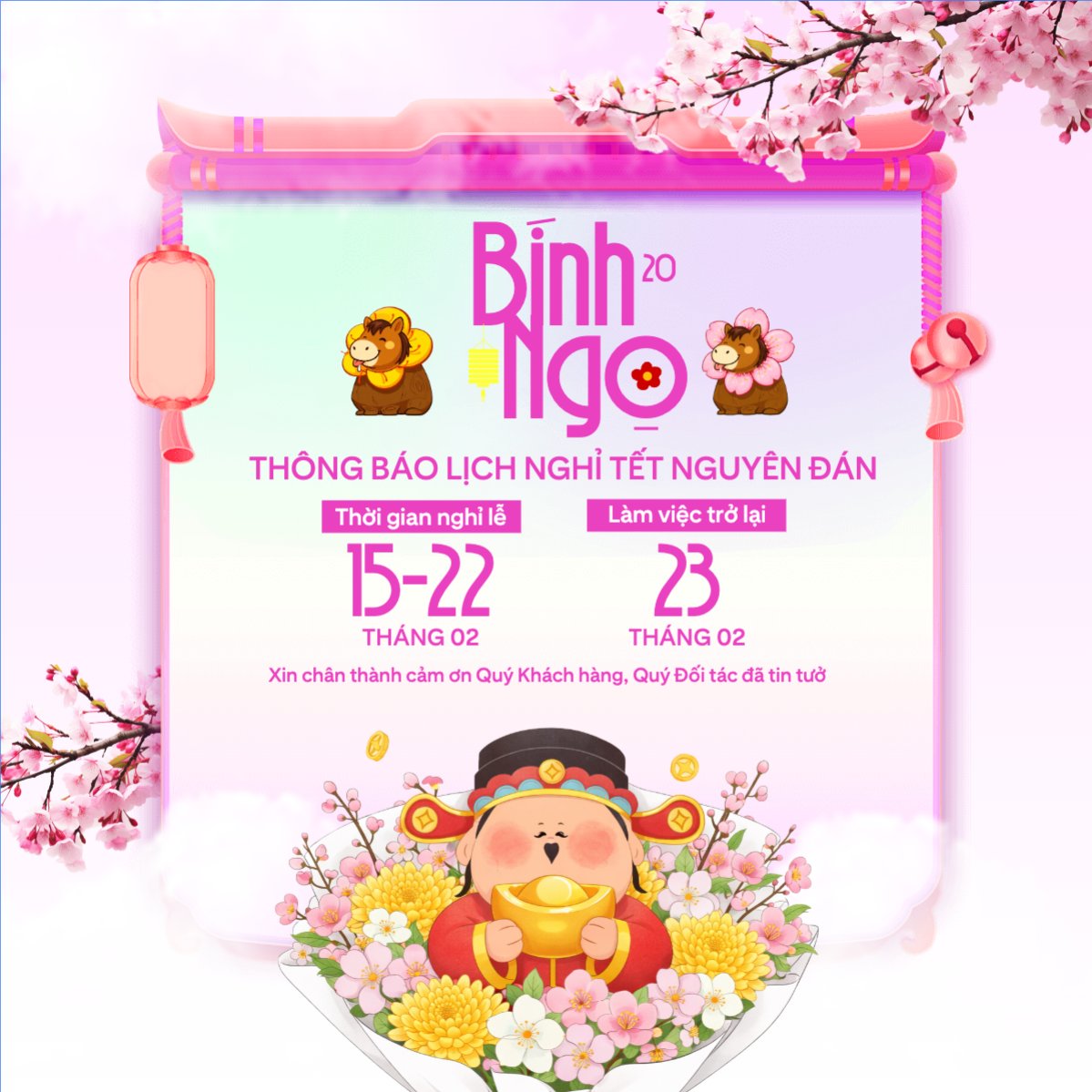 Thông báo lịch nghỉ tết nguyên đán Bính Ngọ 2026