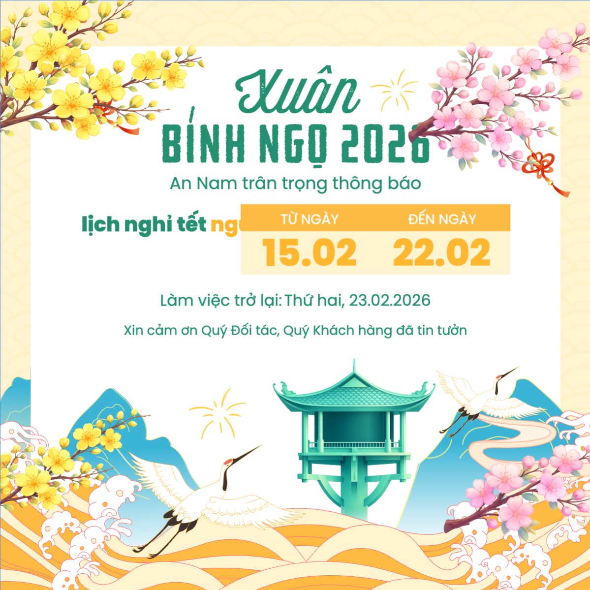 Thông báo lịch nghỉ tết nguyên đán Bính Ngọ 2026
