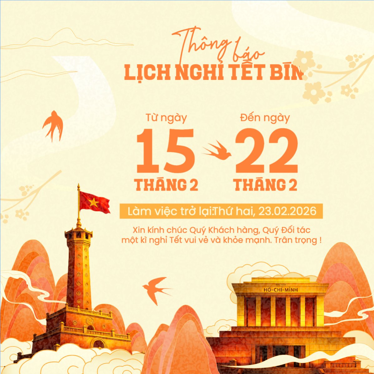 Thông báo lịch nghỉ tết nguyên đán Bính Ngọ 2026
