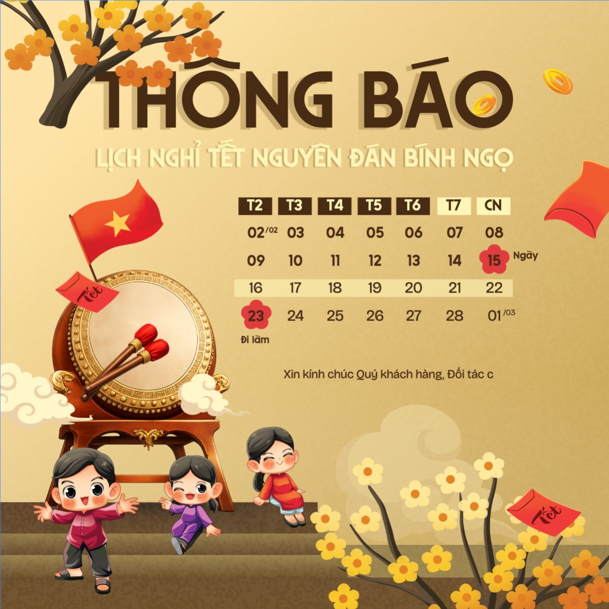 Thông báo lịch nghỉ tết nguyên đán Bính Ngọ 2026