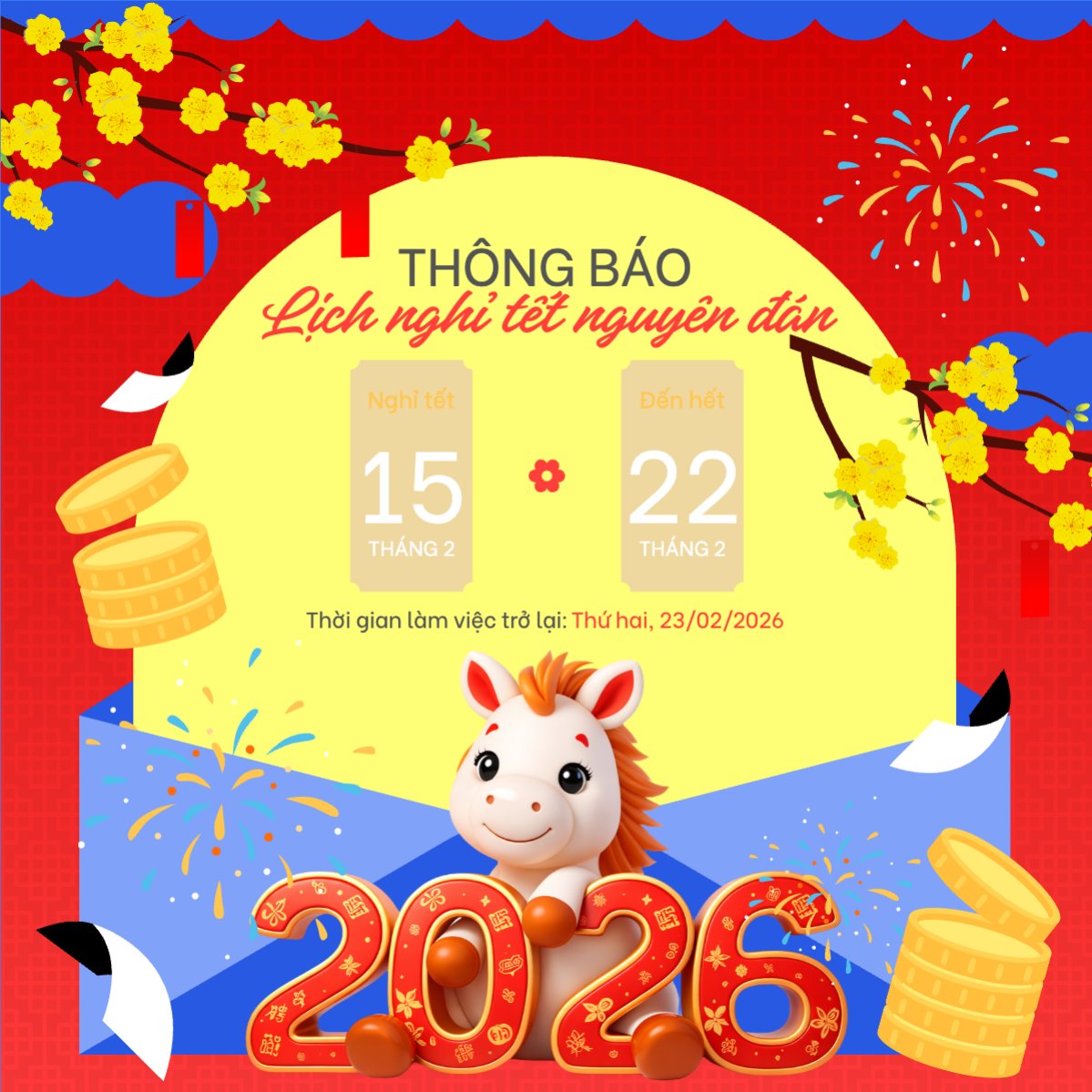 Thông báo lịch nghỉ tết nguyên đán Bính Ngọ 2026