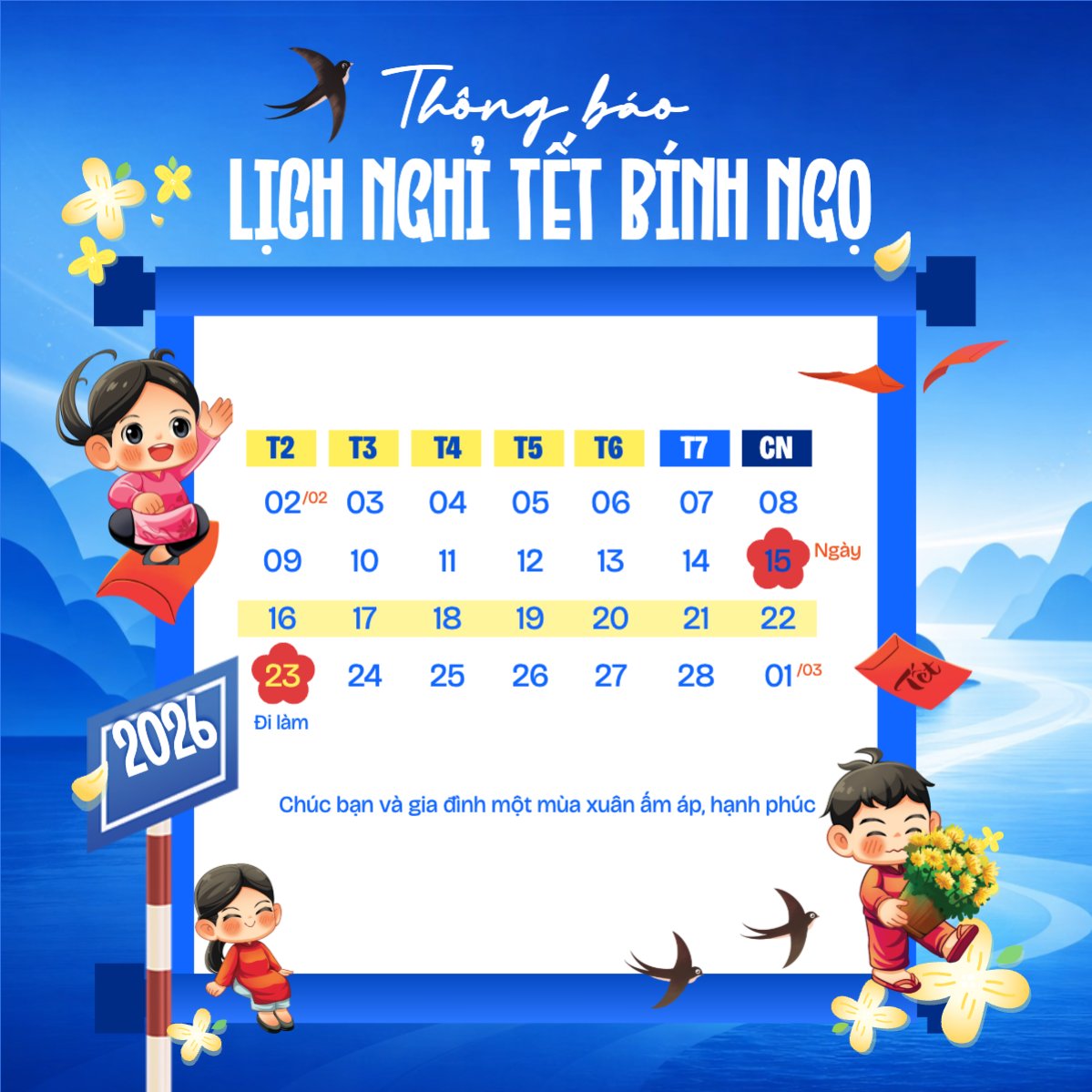 Thông báo lịch nghỉ tết nguyên đán Bính Ngọ 2026