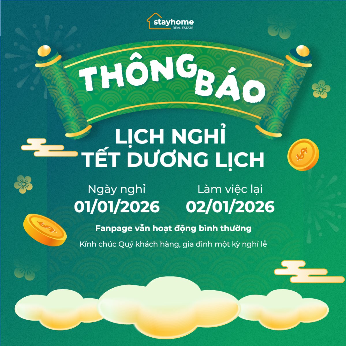 Thông báo lịch nghỉ Tết dương lịch 2026