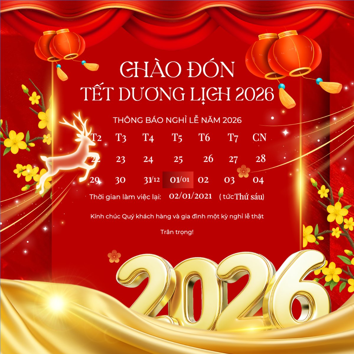 Thông báo lịch nghỉ Tết dương lịch 2026