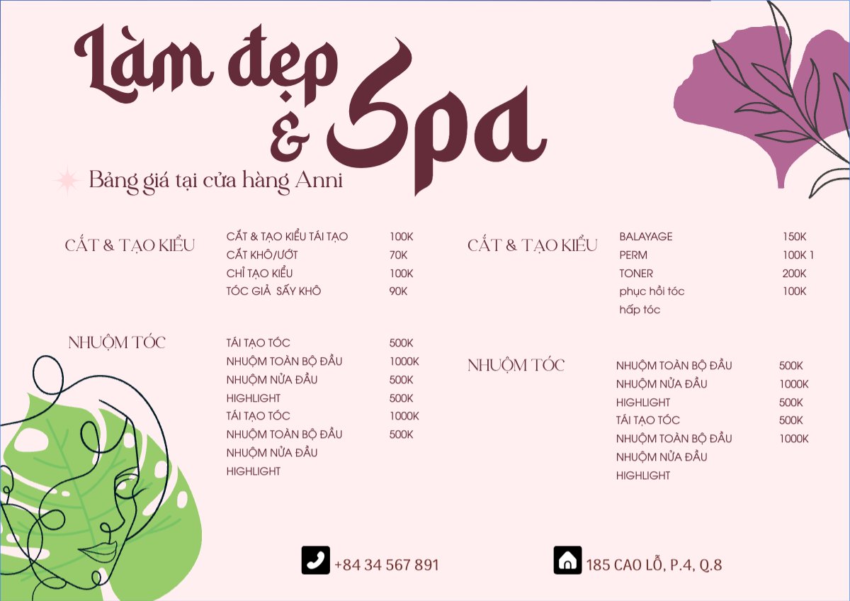 Tiệm tóc, tiệm cắt tóc, salon, nail, spa, beauty, làm đẹp, thẩm mỹ