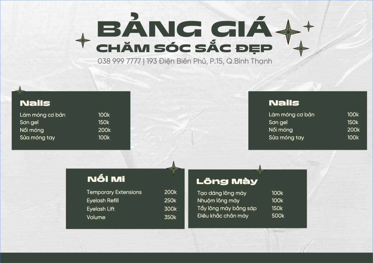 Tiệm tóc, tiệm cắt tóc, salon, nail, spa, beauty, làm đẹp, thẩm mỹ