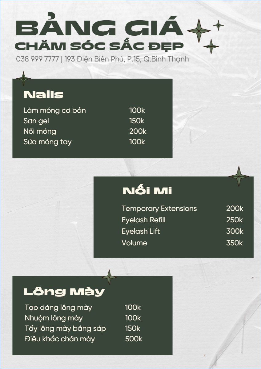 Bảng giá spa
