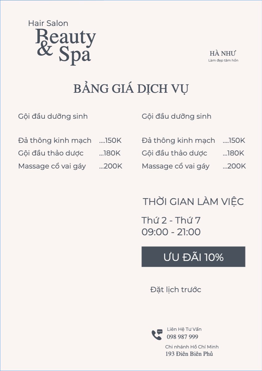 Tiệm tóc, tiệm cắt tóc, salon, nail, spa, beauty, làm đẹp, thẩm mỹ