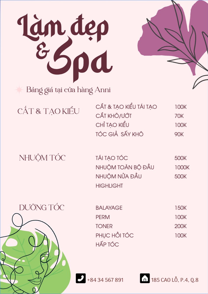 Tiệm tóc, tiệm cắt tóc, salon, nail, spa, beauty, làm đẹp, thẩm mỹ