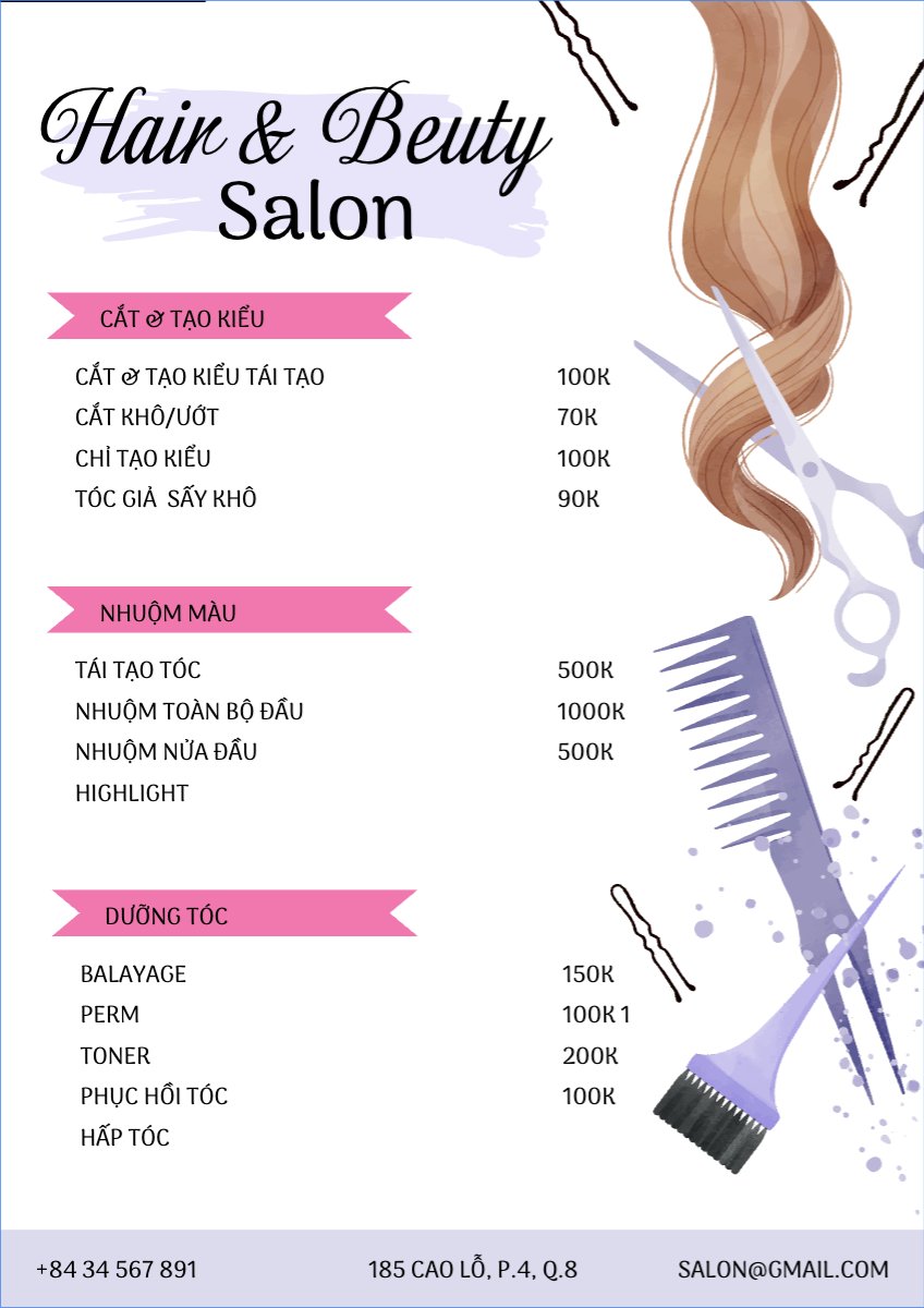 Salon, tiệm tóc, spa, beauty, làm đẹp, thẩm mỹ