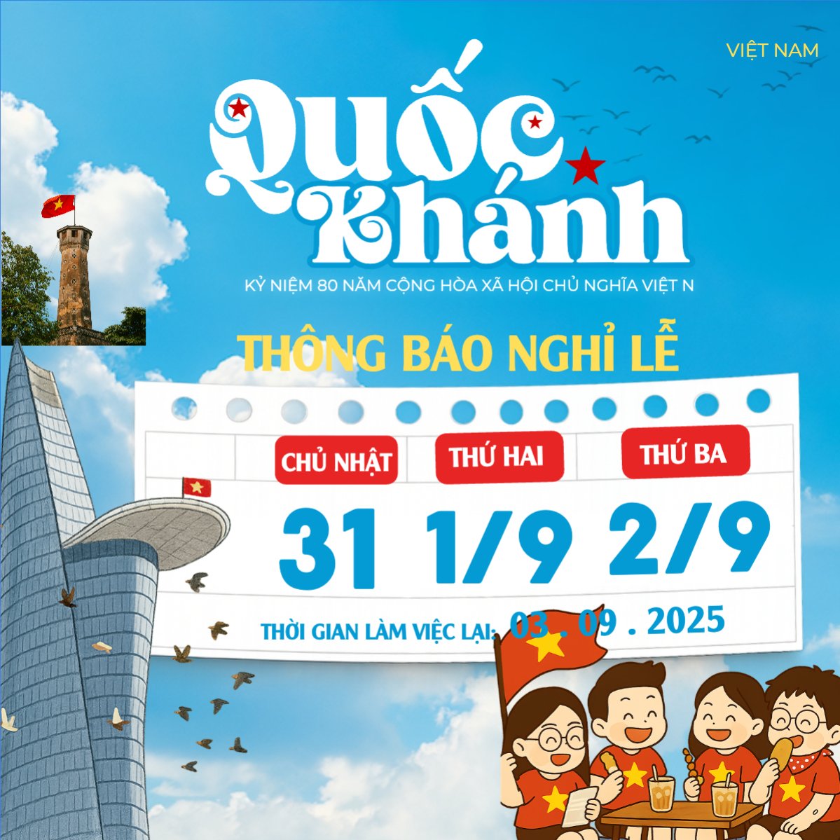 2/9, Quốc Khánh, lễ hội, thông báo, lịch nghỉ, Việt Nam, sự kiện, event, dễ thương, cute