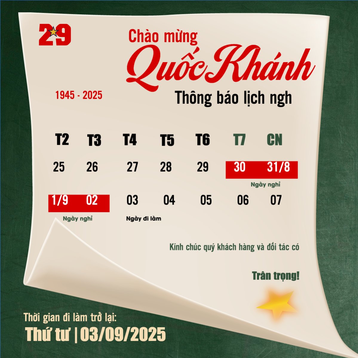 2/9, Quốc Khánh, lễ hội, thông báo, lịch nghỉ, Việt Nam, sự kiện, event, hiện đại, modern, dễ thương, cute