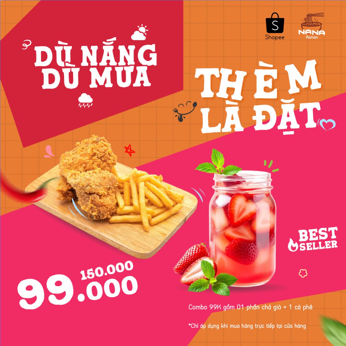 Gà, gà rán, trà dâu, nước uống, đồ ăn, food, thực phẩm, ẩm thực, món ăn, F&B, nhà hàng, thức ăn, dễ thương, hiện đại