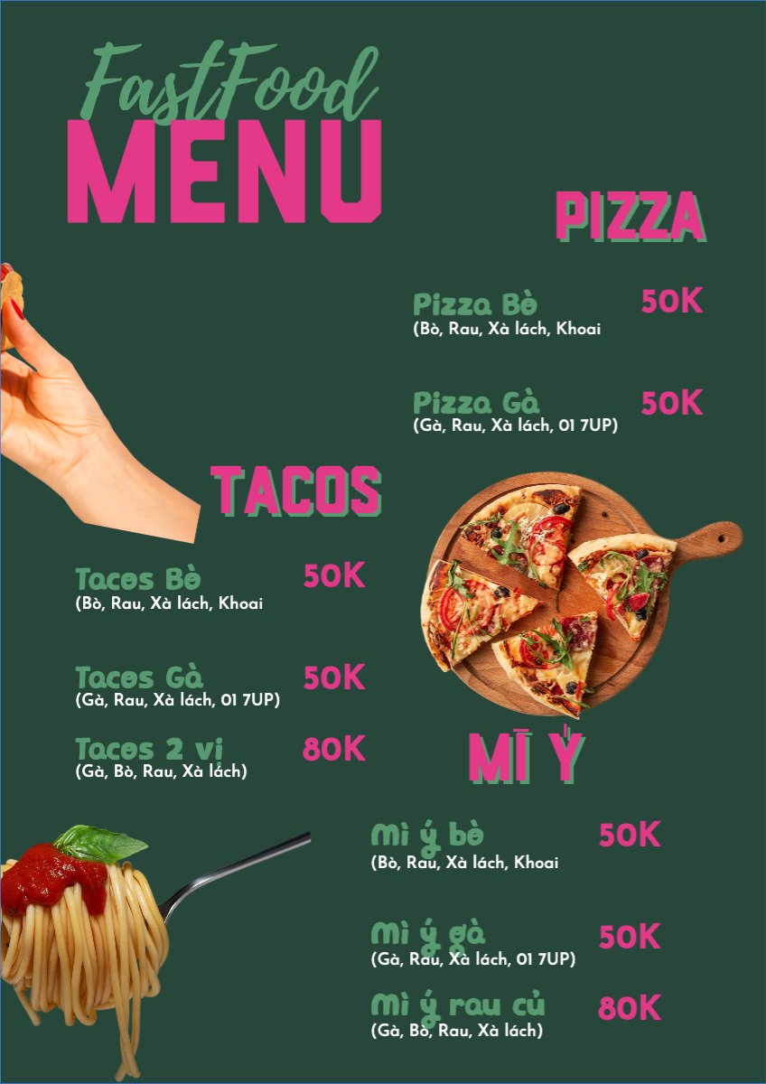 Mẫu Menu tờ rời (dọc) Đồ ăn, food, thực phẩm, ẩm thực, món ăn, F&B, nhà hàng, thức ăn, pizza — LayerPic