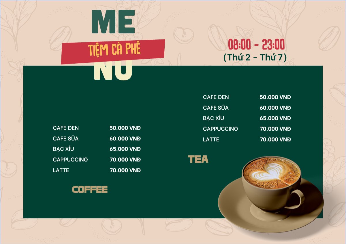 Mẫu Menu tờ rời (ngang) Nước uống, juice, giải khát, F&B, drink, coffee,cà phê — LayerPic
