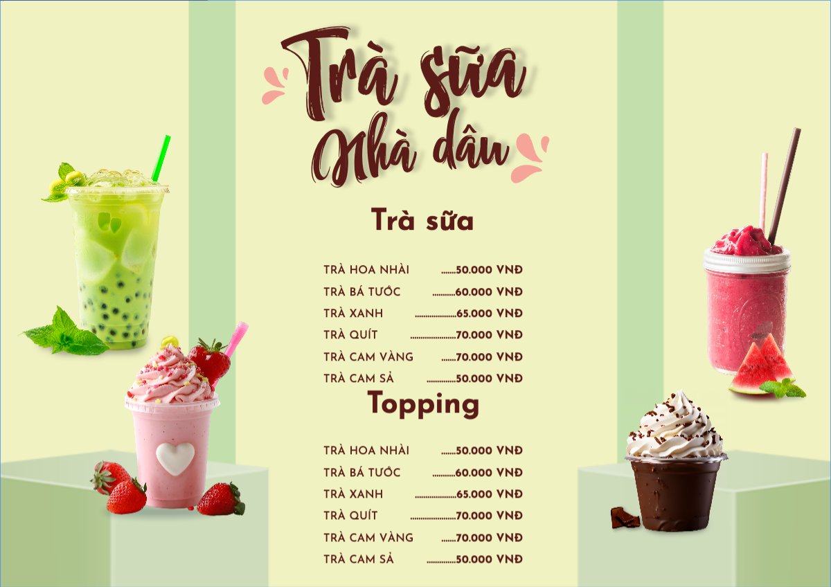 Mẫu Menu tờ rời (ngang) Nước uống, juice, giải khát, F&B, drink, nước ép, sinh tố, smoothie — LayerPic