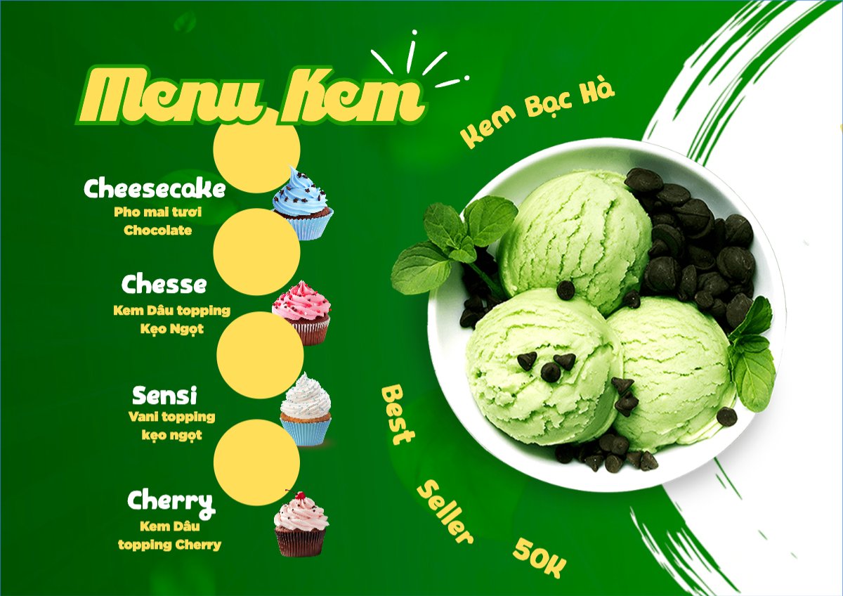 Mẫu Menu tờ rời (ngang) Đồ ăn, food, thực phẩm, ẩm thực, món ăn, F&B, nhà hàng, thức ăn, kem, ice-cream — LayerPic