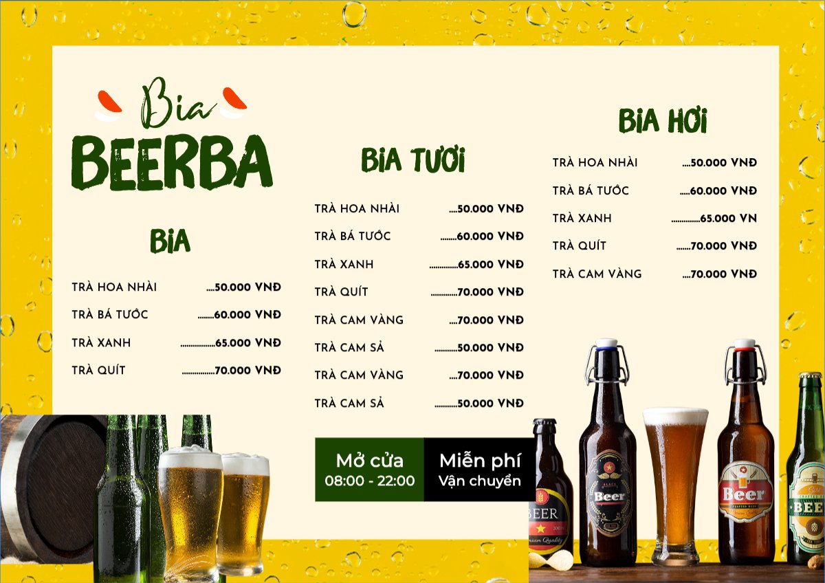 Mẫu Menu tờ rời (ngang) Nước uống, juice, giải khát, F&B, drink, bia, beer — LayerPic
