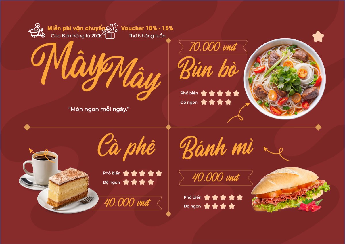 Mẫu Menu tờ rời (ngang) Đồ ăn, food, thực phẩm, ẩm thực, món ăn, F&B, nhà hàng, thức ăn, món Việt Nam — LayerPic